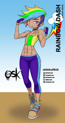 Size: 984x1860 | Tagged: safe, alternate version, artist:oldskullkid, derpibooru import, rainbow dash, human, equestria girls, abs, alternate hairstyle, dark skin, hair over one eye