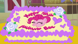 Size: 1920x1090 | Tagged: safe, screencap, pinkie pie, pony, party of one, birthday cake, cake, food, hapvw mnulh milnum nim, written equestrian