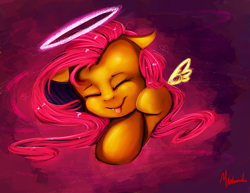 Size: 1400x1080 | Tagged: safe, artist:miokomata, fluttershy, bat pony, pegasus, pony, cute, eyes closed, fangs, female, flutterbat, halo, mare, race swap, shyabetes, signature, smiling, solo, tongue out