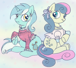 Size: 942x848 | Tagged: safe, artist:opallene, bon bon, lyra heartstrings, sweetie drops, earth pony, pony, unicorn, abstract background, bow, clothes, duo, ear piercing, earring, heart, jewelry, necklace, piercing, ribbon, smiling, sweater