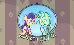 Size: 1179x720 | Tagged: safe, artist:scrimpeh, bon bon, lyra heartstrings, sweetie drops, pony, bipedal, bon bon is not amused, clothes, magnifying glass, text