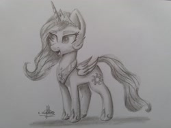 Size: 4128x3096 | Tagged: safe, artist:ironbeastz, princess celestia, alicorn, pony, chibi, female, folded wings, mare, monochrome, solo, traditional art