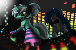 Size: 1100x735 | Tagged: safe, artist:jinyaranda, dj pon-3, lyra heartstrings, vinyl scratch, pony, unicorn, alternate hairstyle, clothes, equalizer, headset, ponytail, socks, striped socks, turntable