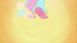 Size: 1100x618 | Tagged: safe, screencap, fluttershy, equestria girls, equestria girls (movie), abstract background, boots, high heel boots, ponied up, ponytail, solo, sparkles, transformation, transformation sequence