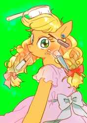 Size: 516x729 | Tagged: dead source, safe, artist:chi-hayu, applejack, earth pony, pony, alternate hairstyle, applejack also dresses in style, clothes, cute, female, freckles, hairbrush, implied rarity, jackabetes, lipstick, looking at you, makeover, makeup, mare, offscreen character, solo