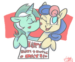 Size: 1200x998 | Tagged: safe, artist:romaniz, bon bon, lyra heartstrings, sweetie drops, earth pony, pony, unicorn, eyes closed, female, happy, hearts and hooves day, kiss mark, kissing, lesbian, lipstick, lyrabon, one eye closed, shipping, sign, smiling, valentine's day