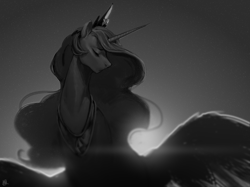 Size: 2000x1492 | Tagged: safe, artist:voyager, princess celestia, alicorn, pony, backlighting, eyes closed, female, grayscale, mare, monochrome, solo