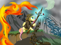 Size: 1280x931 | Tagged: safe, artist:lord-destrustor, part of a set, fluttershy, pegasus, pony, air, cloak, clothes, earth, elements, fire, folded wings, hooded cape, hoof hold, looking at something, mountain, sitting, solo, staff, ten legendary weapons, water, yggdrasil