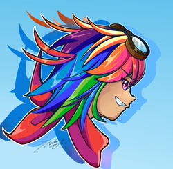 Size: 1380x1350 | Tagged: safe, artist:phoenixgoldensilver, derpibooru import, rainbow dash, human, anime, bust, female, goggles, humanized, portrait, sidemouth, solo, white outline