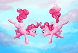 Size: 5035x3400 | Tagged: safe, artist:dari-draws, bubble berry, pinkie pie, earth pony, pony, absurd resolution, falling, looking at each other, rule 63, self ponidox, smiling