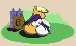 Size: 2284x1400 | Tagged: safe, artist:yuwentaiji, applejack, rarity, earth pony, pony, unicorn, cuddling, female, grass, lesbian, offscreen rarijack, rarijack, shipping, sleeping, snuggling