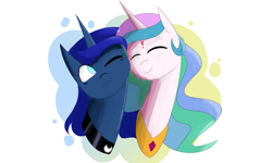 Size: 5000x3000 | Tagged: safe, artist:corrumi, princess celestia, princess luna, alicorn, pony, eyes closed, female, mare, nuzzling, one eye closed, royal sisters, simple background, white background, wink