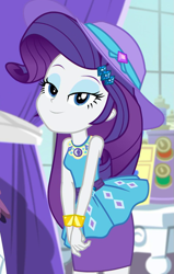 Size: 669x1049 | Tagged: safe, screencap, rarity, camping must-haves, equestria girls, equestria girls series, spoiler:eqg series (season 2), cap, clothes, cropped, eyeshadow, female, geode of shielding, hat, lidded eyes, magical geodes, makeup, pencil skirt, rarity's bedroom, skirt, smiling, solo