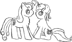 Size: 564x333 | Tagged: safe, artist:yokoraven, bon bon, lyra heartstrings, sweetie drops, earth pony, pony, unicorn, black and white, female, grayscale, heart, lesbian, looking at each other, lyrabon, monochrome, shipping, simple background, white background