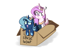 Size: 1304x890 | Tagged: safe, artist:corrumi, princess celestia, princess luna, alicorn, pony, box, cartographer's cap, cute, duo, female, filly, hat, lunabetes, paper hat, question mark, royal sisters, silly, simple background, white background, woona, younger