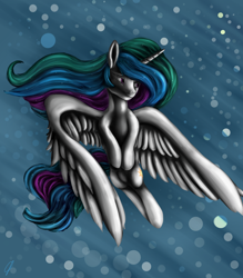 Size: 1250x1430 | Tagged: safe, artist:com3tfire, princess celestia, alicorn, pony, female, flying, horn, mare, multicolored mane, solo, white coat