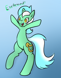 Size: 662x850 | Tagged: safe, artist:phillnana, lyra heartstrings, pony, unicorn, bipedal, excited, gradient background, happy, irrational exuberance, shrunken pupils, smiling, solo