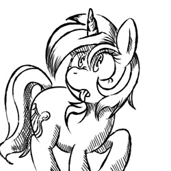 Size: 500x500 | Tagged: safe, artist:discommunicator, lyra heartstrings, pony, unicorn, black and white, grayscale, monochrome, raised hoof, simple background, solo, tongue out, white background