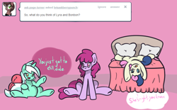 Size: 862x533 | Tagged: dead source, safe, artist:letsaskberrypunch, artist:phillnana, berry punch, berryshine, bon bon, lyra heartstrings, sweetie drops, earth pony, pony, unicorn, ask, bed, colored pupils, pillow, pink background, simple background, trio, tumblr