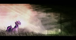 Size: 1280x677 | Tagged: safe, artist:crutonart, derpibooru import, twilight sparkle, grass, outdoors, solo, storm