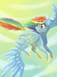 Size: 1024x1390 | Tagged: safe, artist:warriorbreeze, derpibooru import, rainbow dash, pegasus, pony, flying, looking back, smiling, solo