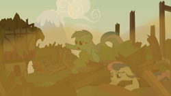 Size: 1920x1080 | Tagged: safe, screencap, big macintosh, bon bon, lyra heartstrings, sweetie drops, earth pony, pony, spoiler:double rainboom, destruction, double rainboom, dust, male, ponyville, stallion