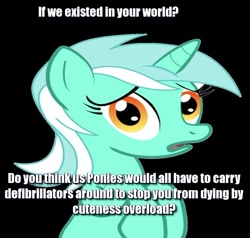 Size: 600x571 | Tagged: safe, lyra heartstrings, pony, unicorn, black background, caption, conspiracy lyra, cute, defibrillators, diabetes, dialogue, exploitable meme, female, green coat, hnnng, horn, image macro, looking at you, mare, meme, open mouth, question, simple background, solo, text, two toned mane