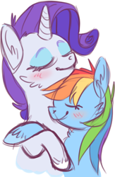 Size: 512x786 | Tagged: artist needed, safe, derpibooru import, rainbow dash, rarity, pegasus, pony, unicorn, blushing, cuddling, eyes closed, female, hug, lesbian, raridash, shipping, simple background, white background