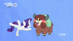 Size: 1280x720 | Tagged: safe, screencap, rarity, yona, pony, unicorn, yak, she's all yak, bow, cloven hooves, dancing, duo, female, fit right in, gradient background, hair bow, mare, monkey swings