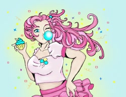 Size: 781x600 | Tagged: safe, artist:phoenixdownvii7, pinkie pie, human, beautiful, bubblegum, clothes, cupcake, cute, food, gum, humanized, midriff, plump, skirt, skirt lift, solo