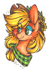 Size: 478x670 | Tagged: safe, artist:tenebristayga, applejack, earth pony, pony, bandana, bust, portrait, simple background, solo, sunflower, traditional art, transparent background