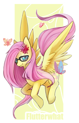 Size: 500x773 | Tagged: safe, artist:mousu, fluttershy, butterfly, pegasus, pony, female, glasses, looking at you, mare, solo, spread wings, wings