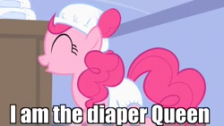 Size: 1280x720 | Tagged: safe, edit, edited screencap, screencap, pinkie pie, earth pony, pony, baby cakes, diaper, diaper on head, eyes closed, image macro, meme, outfit catalog, raised hoof, smiling, solo, sugarcube corner