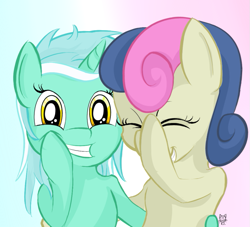 Size: 729x662 | Tagged: safe, artist:cheshiresdesires, bon bon, lyra heartstrings, sweetie drops, earth pony, pony, unicorn, bon bon is amused, duo, eyes closed, facehoof, gradient background, grin, laughing, laughingmares.jpg, looking at you, smiling