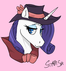 Size: 650x700 | Tagged: safe, artist:samsx22, rarity, horse, pony, unicorn, bow, bust, clothes, detective rarity, female, hat, hoers, lidded eyes, looking sideways, mare, pink background, simple background, solo