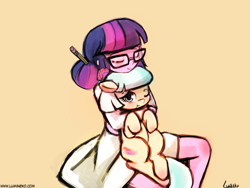 Size: 960x720 | Tagged: safe, artist:lumineko, derpibooru import, coco pommel, sci-twi, twilight sparkle, equestria girls, 30 minute art challenge, crossover, eyes closed, glasses, hug, smiling