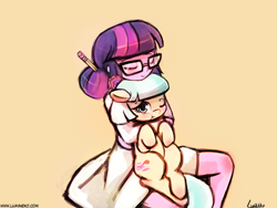 Size: 960x720 | Tagged: safe, artist:lumineko, derpibooru import, coco pommel, sci-twi, twilight sparkle, pony, equestria girls, cocobetes, cuddling, cute, eyes closed, glasses, holding a pony, hug, smiling, snuggling, twiabetes