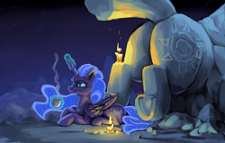 Size: 1024x650 | Tagged: safe, artist:da-exile, nightmare moon, princess celestia, alicorn, pony, atg 2018, candle, female, glowing horn, magic, mare, missing accessory, newbie artist training grounds, plot, solo, statue, sunbutt, telekinesis