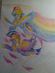 Size: 640x853 | Tagged: safe, artist:kiwwsplash, derpibooru import, rainbow dash, twilight sparkle, twilight sparkle (alicorn), alicorn, pegasus, pony, armor, duo, female, flying, helmet, hoof shoes, mare, rainbow trail, traditional art