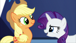 Size: 1920x1080 | Tagged: safe, screencap, applejack, rarity, earth pony, pony, unicorn, castle sweet castle, grin, scrunchy face