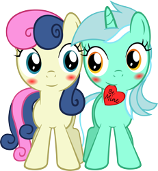 Size: 4615x5000 | Tagged: safe, artist:artpwny, bon bon, lyra heartstrings, sweetie drops, earth pony, pony, unicorn, absurd resolution, blushing, female, filly, heart, lesbian, lyrabon, mouth hold, shipping, simple background, transparent background, valentine, valentine's day, vector