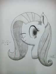 Size: 3120x4090 | Tagged: safe, artist:kimjoman, fluttershy, butterfly, pegasus, pony, absurd resolution, female, heart, heart eyes, looking at you, mare, monochrome, shading, smiling, solo, traditional art, wingding eyes