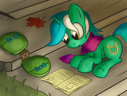 Size: 1474x1113 | Tagged: dead source, safe, artist:mostlyponyart, lyra heartstrings, pony, unicorn, autumn, book, clothes, leaf, prone, reading, saddle bag, scarf, smiling, solo