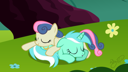 Size: 3840x2160 | Tagged: safe, artist:dzejpi, bon bon, lyra heartstrings, sweetie drops, earth pony, pony, unicorn, cuddling, eyes closed, female, lesbian, lyrabon, pony pile, shipping, sleeping, snuggling