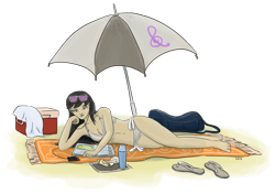 Size: 1418x1000 | Tagged: safe, artist:king-kakapo, octavia melody, barefoot, bikini, clothes, feet, flip-flops, humanized, sandals, solo, swimsuit