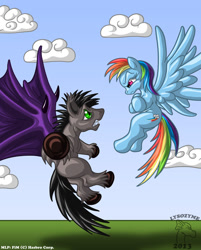 Size: 722x900 | Tagged: safe, artist:lysozyme, derpibooru import, rainbow dash, oc, bat pony, pegasus, pony, argument, bat pony oc, bat wings, duo, flying, underhoof, unnamed oc, wings