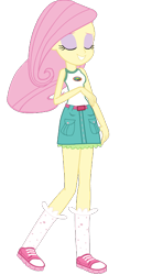 Size: 332x648 | Tagged: safe, artist:eduardonunes109, fluttershy, equestria girls, legend of everfree, belt, camp everfree outfits, clothes, eyes closed, miniskirt, raised leg, shoes, simple background, skirt, socks, solo, transparent background