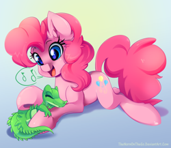 Size: 1500x1300 | Tagged: safe, artist:thenornonthego, gummy, pinkie pie, alligator, earth pony, pony, colored pupils, duo, ear fluff, eyes closed, female, gradient background, mare, open mouth, prone, singing, smiling