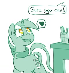 Size: 1280x1338 | Tagged: safe, artist:crade, lyra heartstrings, pony, unicorn, collar, cookie, cute, dialogue, heart, looking up, mouth hold, pony pet, smiling