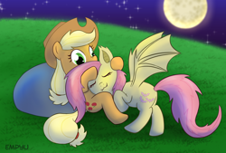 Size: 1000x677 | Tagged: safe, artist:empyu, applejack, fluttershy, bat pony, pony, cuddling, flutterbat, snuggling